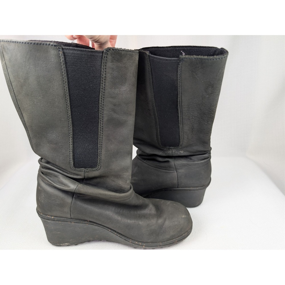 KEEN Akita Womens Mid Leather Wedge Boots Sz 7 Elastic Side Slouchy Comfort Gray